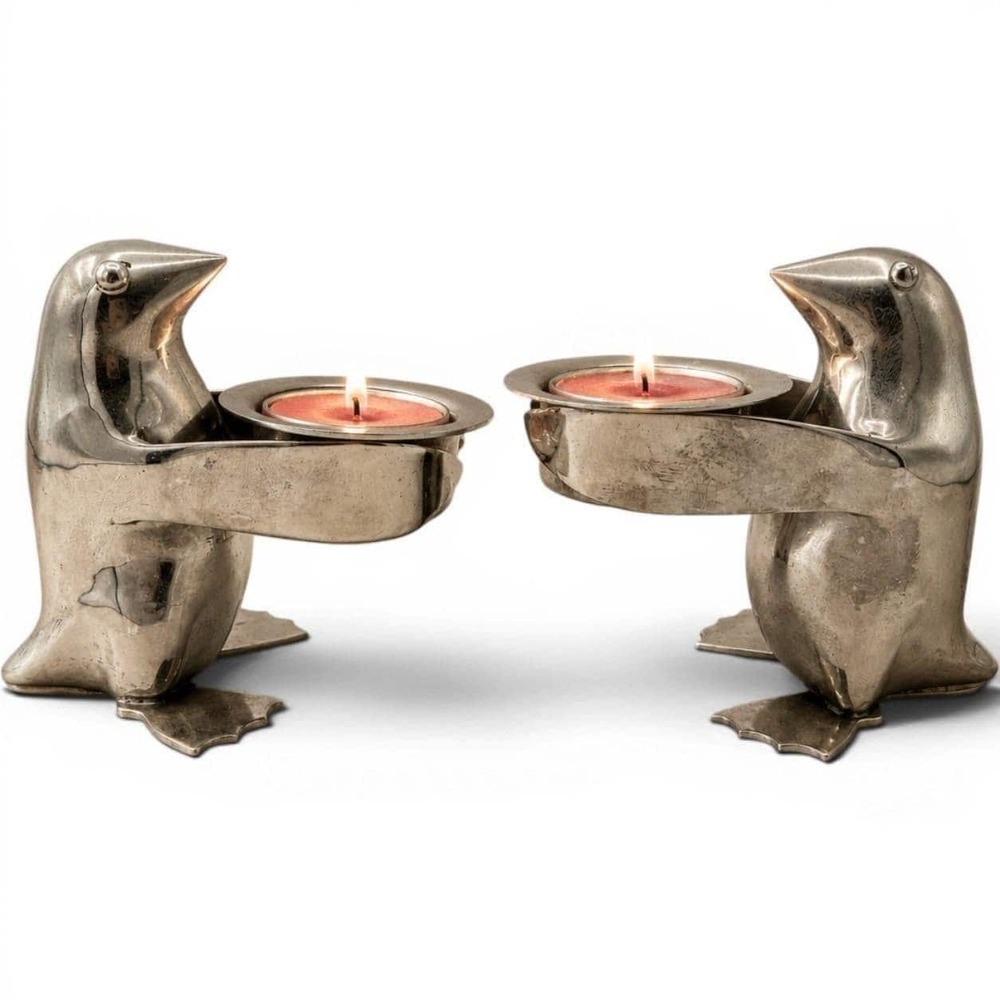 Vintage Restoration Hardware Silver Penguin Tea Light Candle Holders Pair RH
